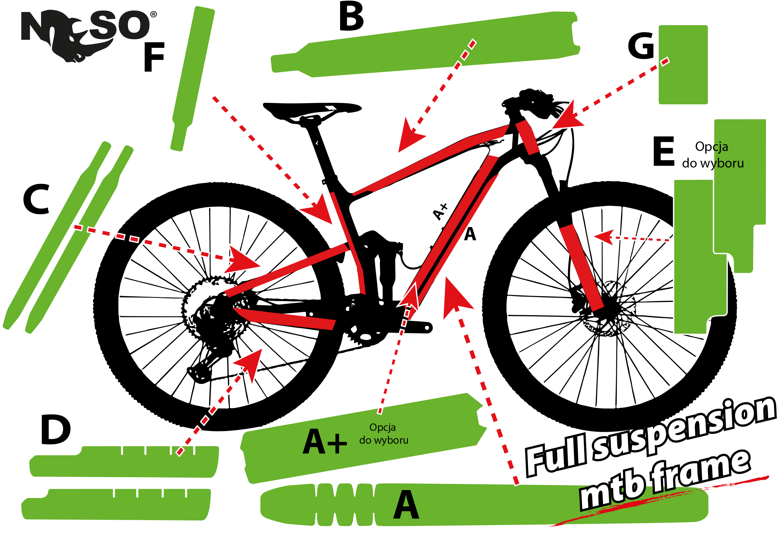Schemat rozmieszczenia folii ochronnej MTB full suspension NOSO ELITE PPFU